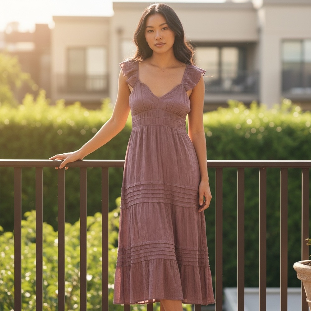 XL Elegant Summer Mauve Fairy Ruffle Maxi Dress
